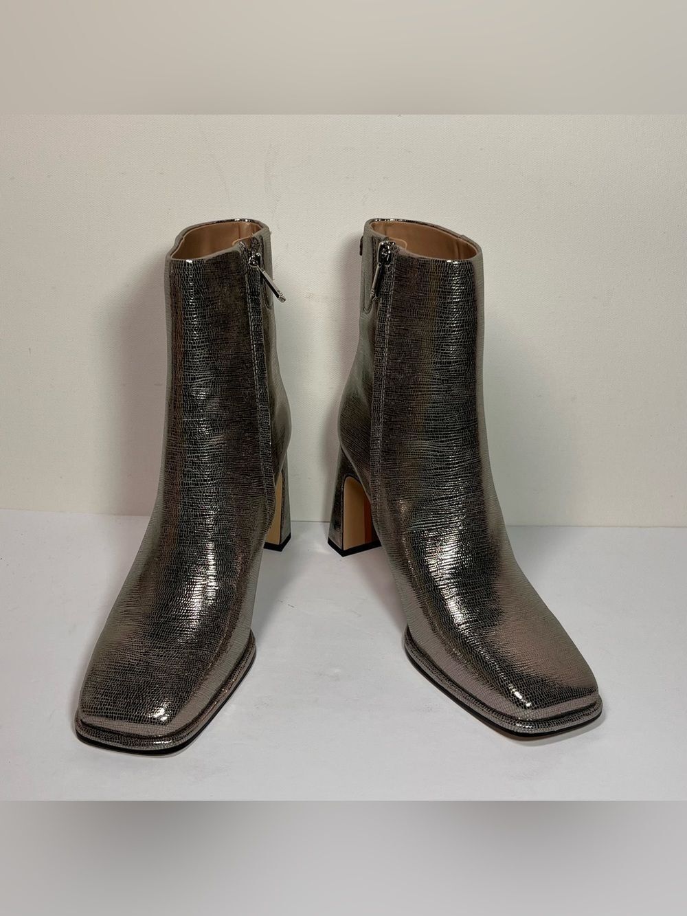 Sam Edelman Irie Metallic Silver Stylish Block Heel Ankle Boots